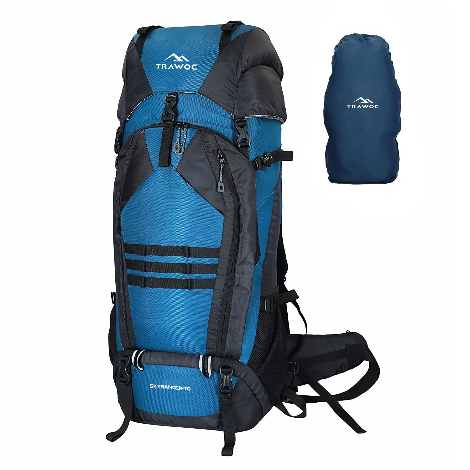 A close-up view of the SKYRANGER-70 rucksack in English blue, highlighting its sleek design and durable materials. The thumbnail showcases the spacious main compartment with a secure zip closure, along with multiple exterior pockets for organized storage. The adjustable straps and ergonomic features are visible, emphasizing comfort and functionality for outdoor adventures. The vibrant English blue color adds a stylish touch, making it an attractive choice for travelers and outdoor enthusiasts. 