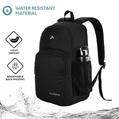 Close-up view highlighting the water-resistant feature of the CARRIZ Casual Backpack - CB04 in black. The durable fabric is designed to repel water, ensuring that the contents remain protected from light rain and spills.