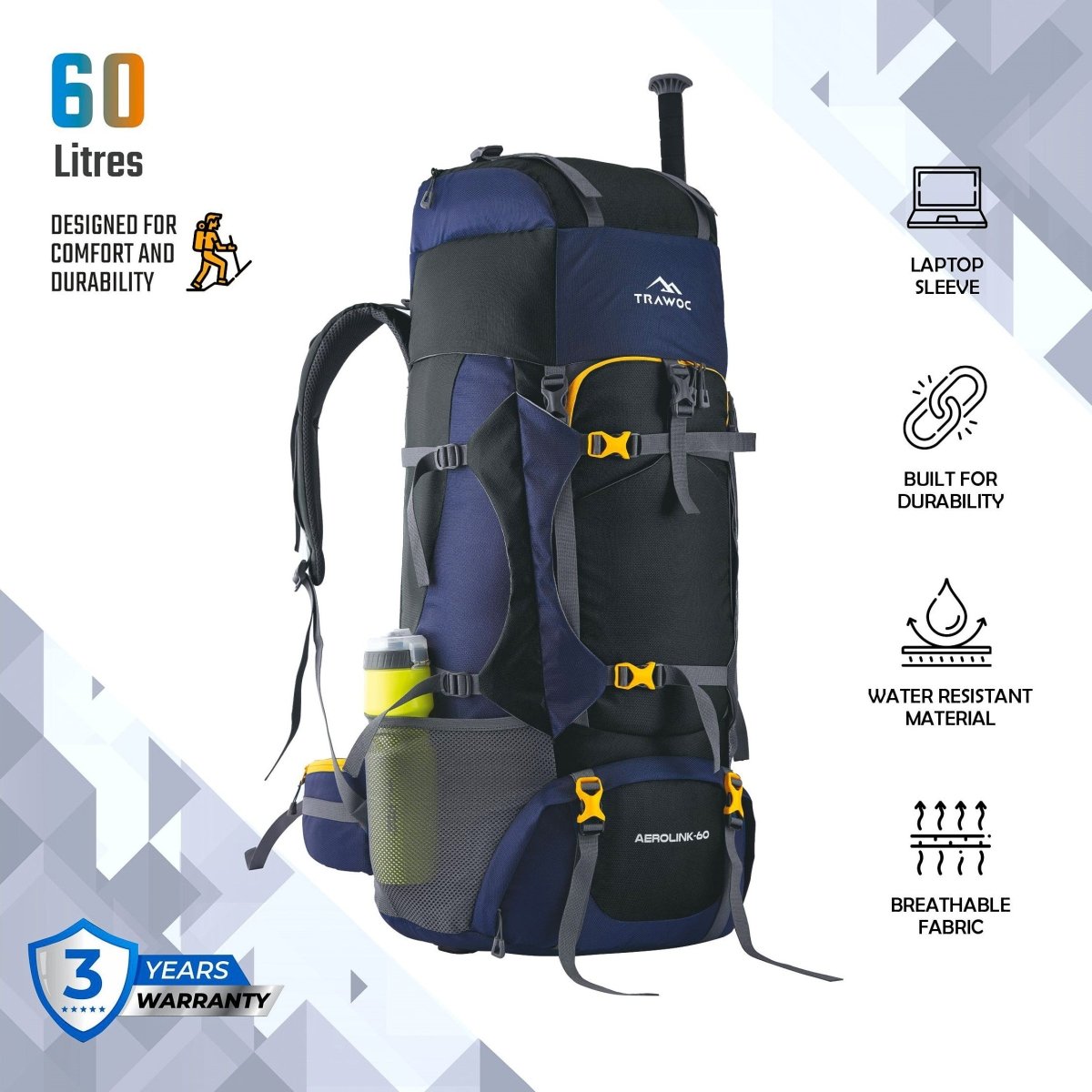 Aerolink 60 L Backpack with Lightweight Build & Water - Resistant Fabric –Black - TRAWOC