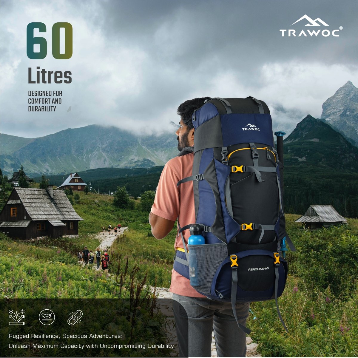 Aerolink 60 L Backpack with Lightweight Build & Water - Resistant Fabric –Black - TRAWOC