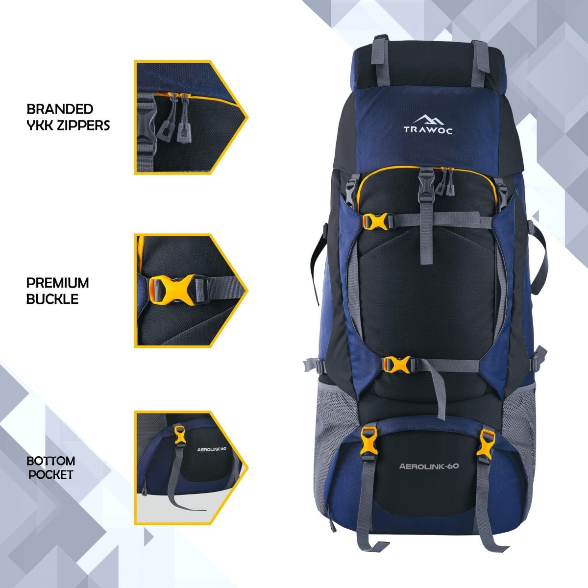 Aerolink 60 L Backpack with Lightweight Build & Water - Resistant Fabric –Black - TRAWOC