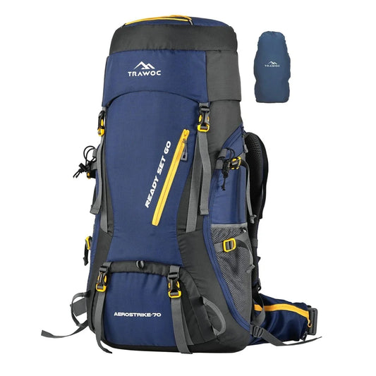 Aerostrike 70L Trekking Bag with Laptop Compartment & Rain Cover, ideal for Hiking - Navyblue - TRAWOC