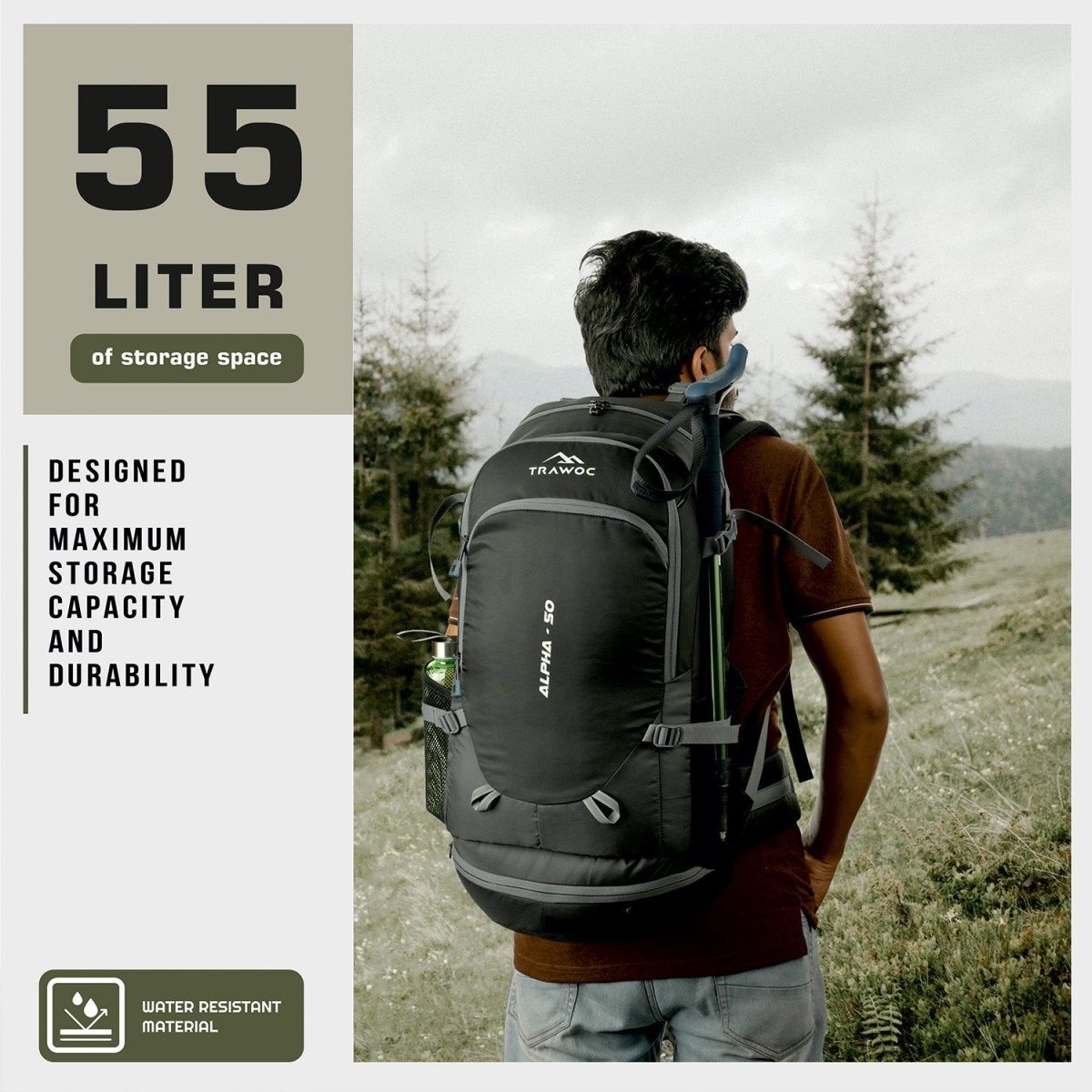 ALPHA 50 L Water Resistant Daypack Bag for Cycling, trekking - Grey - TRAWOC