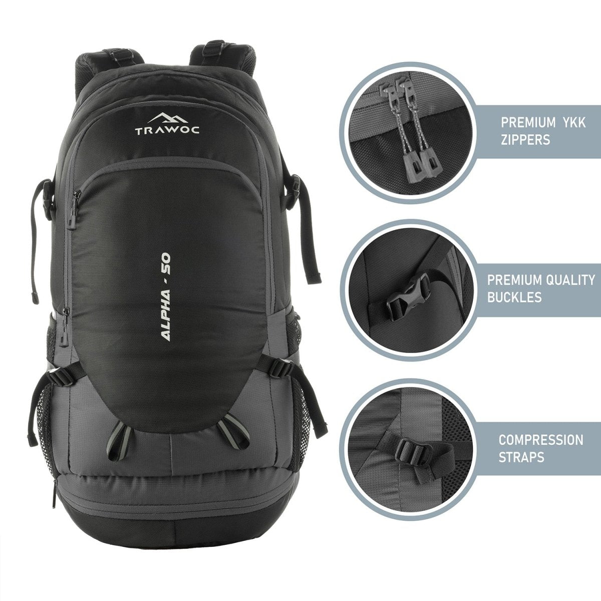 ALPHA 50 L Water Resistant Daypack Bag for Cycling, trekking - Grey - TRAWOC