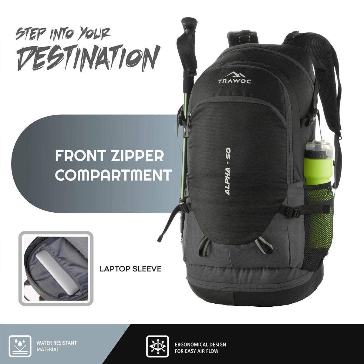 ALPHA 50 L Water Resistant Daypack Bag for Cycling, trekking - Grey - TRAWOC