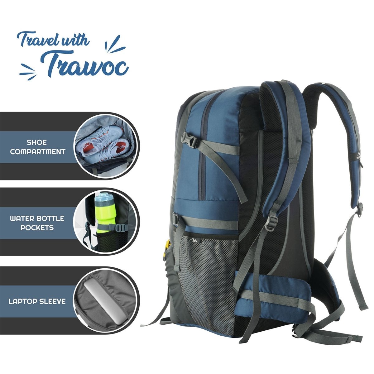 BLAZE 55 L Travel Backpack Daypack for Camping Hiking Trekking - Navyblue - TRAWOC