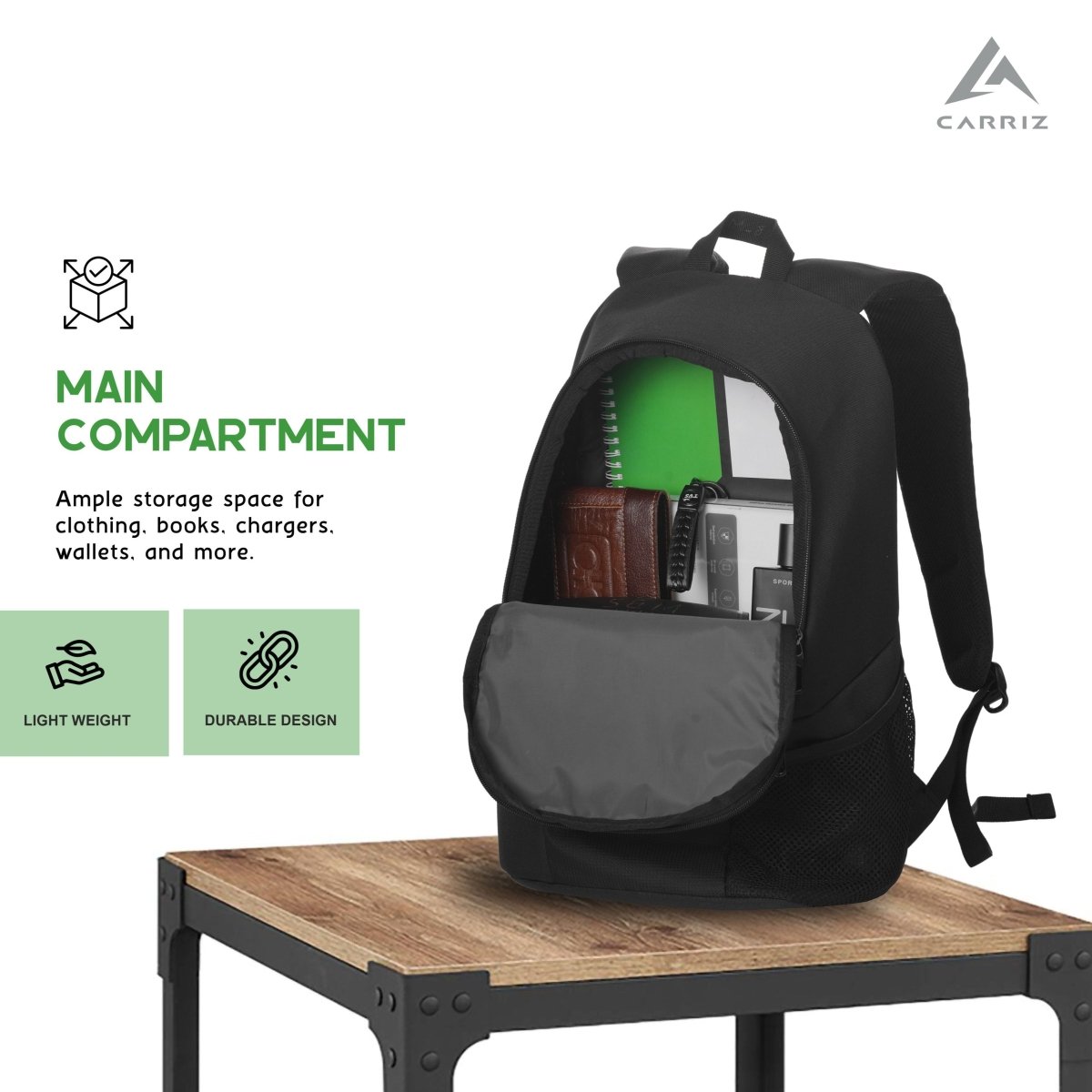 Carriz CB01 22L Casual Backpack - Black - TRAWOC