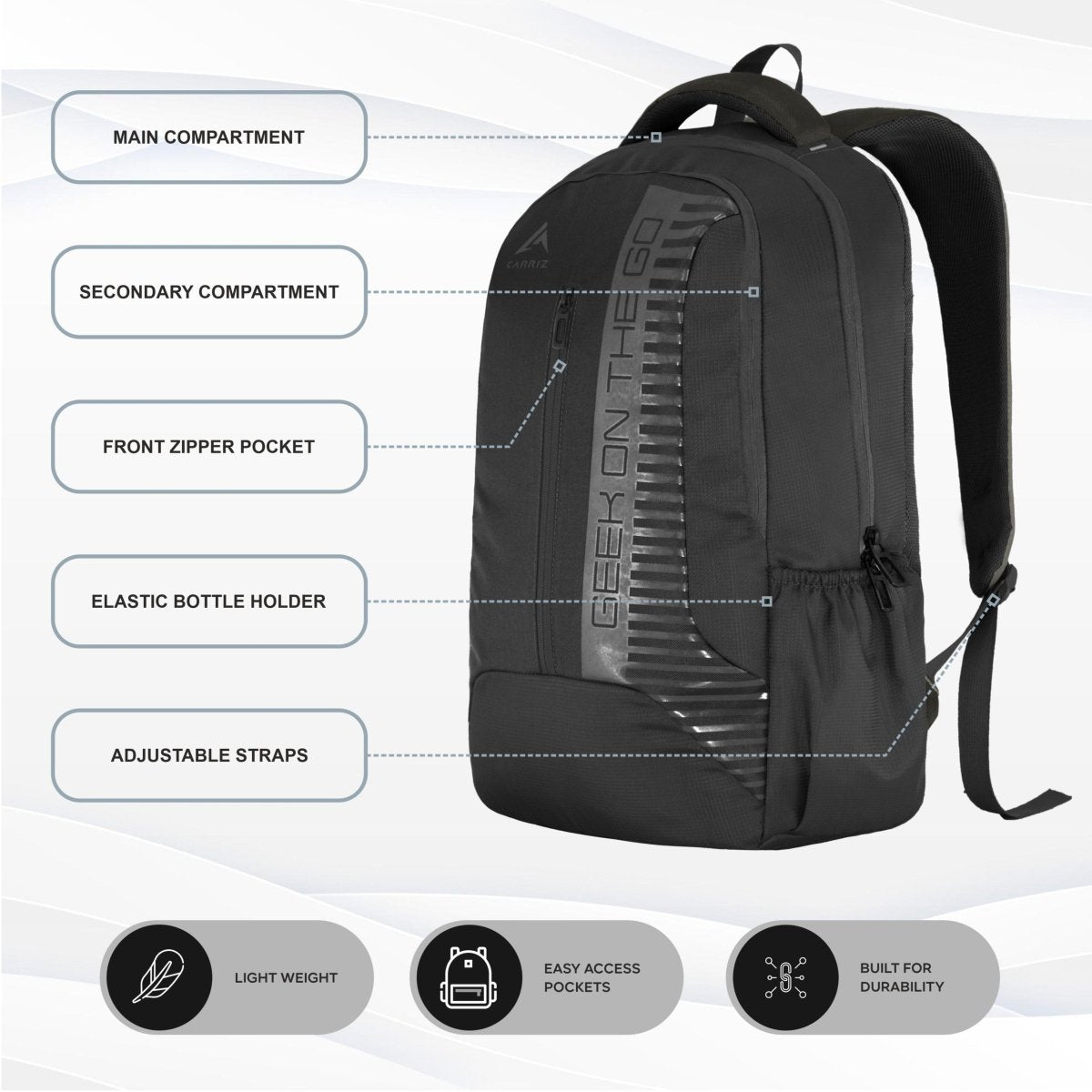 Carriz CPB01 26L Laptop Backpack - Black - TRAWOC