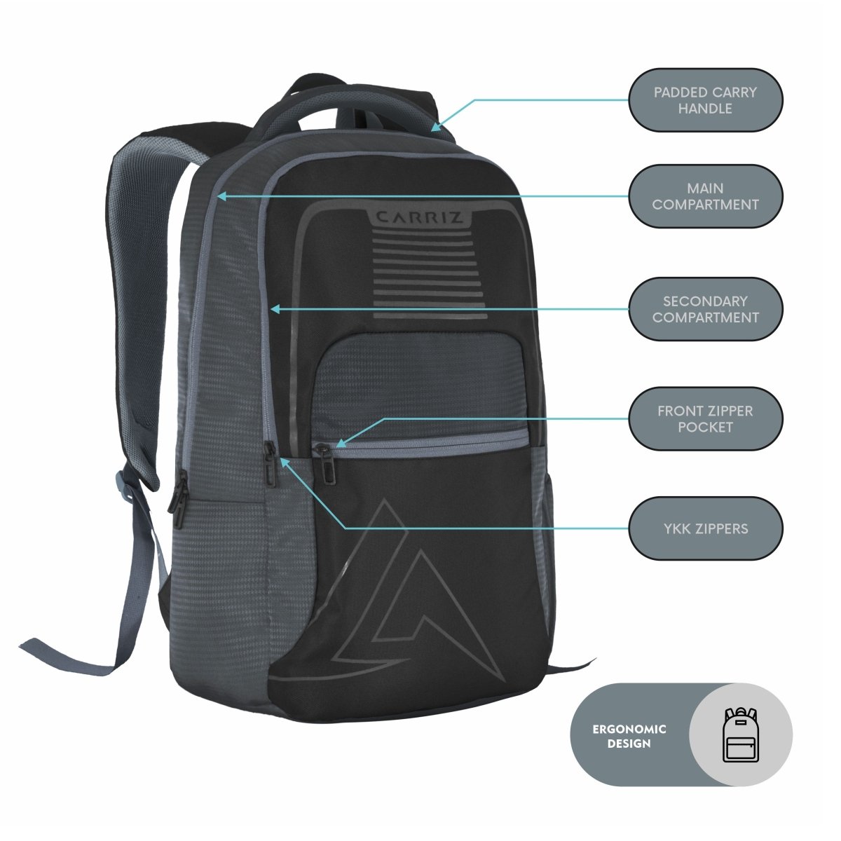 Carriz CPB03 25L Laptop Backpack - Grey - TRAWOC