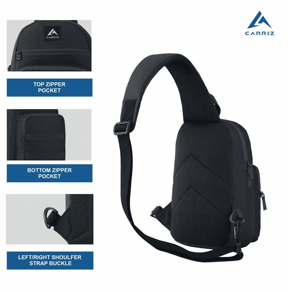 CARRIZ Sling Bag for Men & Women | Outdoor Crossbody & Shoulder Bag for Hiking, Cycling & Travel | Water Resistant | 2 - Year Warranty (CRB03) - BLACK - TRAWOC