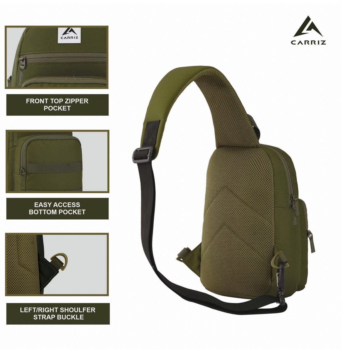CARRIZ Sling Bag for Men & Women | Outdoor Crossbody & Shoulder Bag for Hiking, Cycling & Travel | Water Resistant | 2 - Year Warranty (CRB03) - OLIVEGREEN - TRAWOC