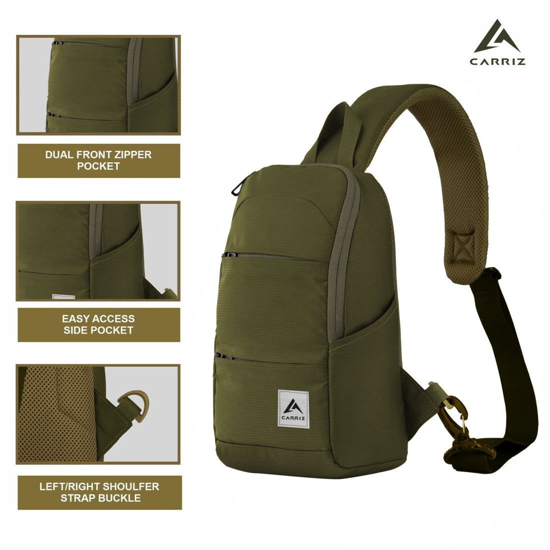 CARRIZ Versatile Sling Bag | Crossbody Travel & Hiking Daypack for Men & Women | Water Resistant | 2-Year Warranty (CRB01) - Olive Green