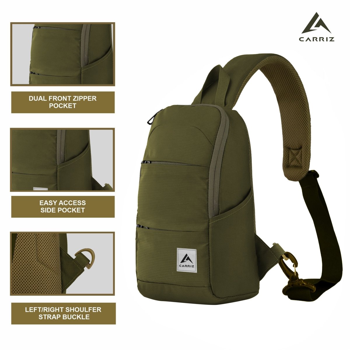 CARRIZ Versatile Sling Bag | Crossbody Travel & Hiking Daypack for Men & Women | Water Resistant | 2-Year Warranty (CRB01) - Olive Green