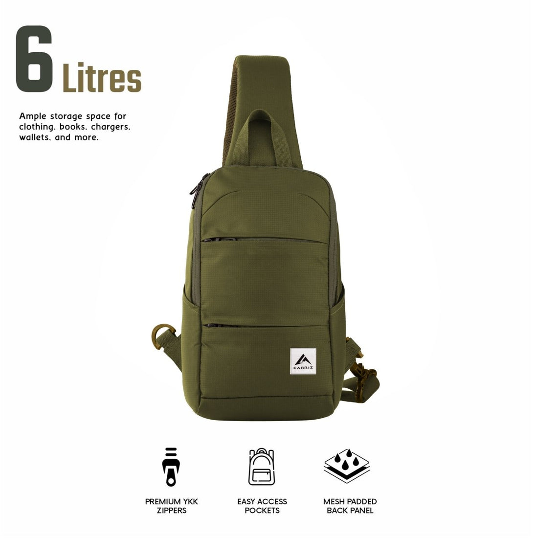 CARRIZ Versatile Sling Bag | Crossbody Travel & Hiking Daypack for Men & Women | Water Resistant | 2-Year Warranty (CRB01) - Olive Green