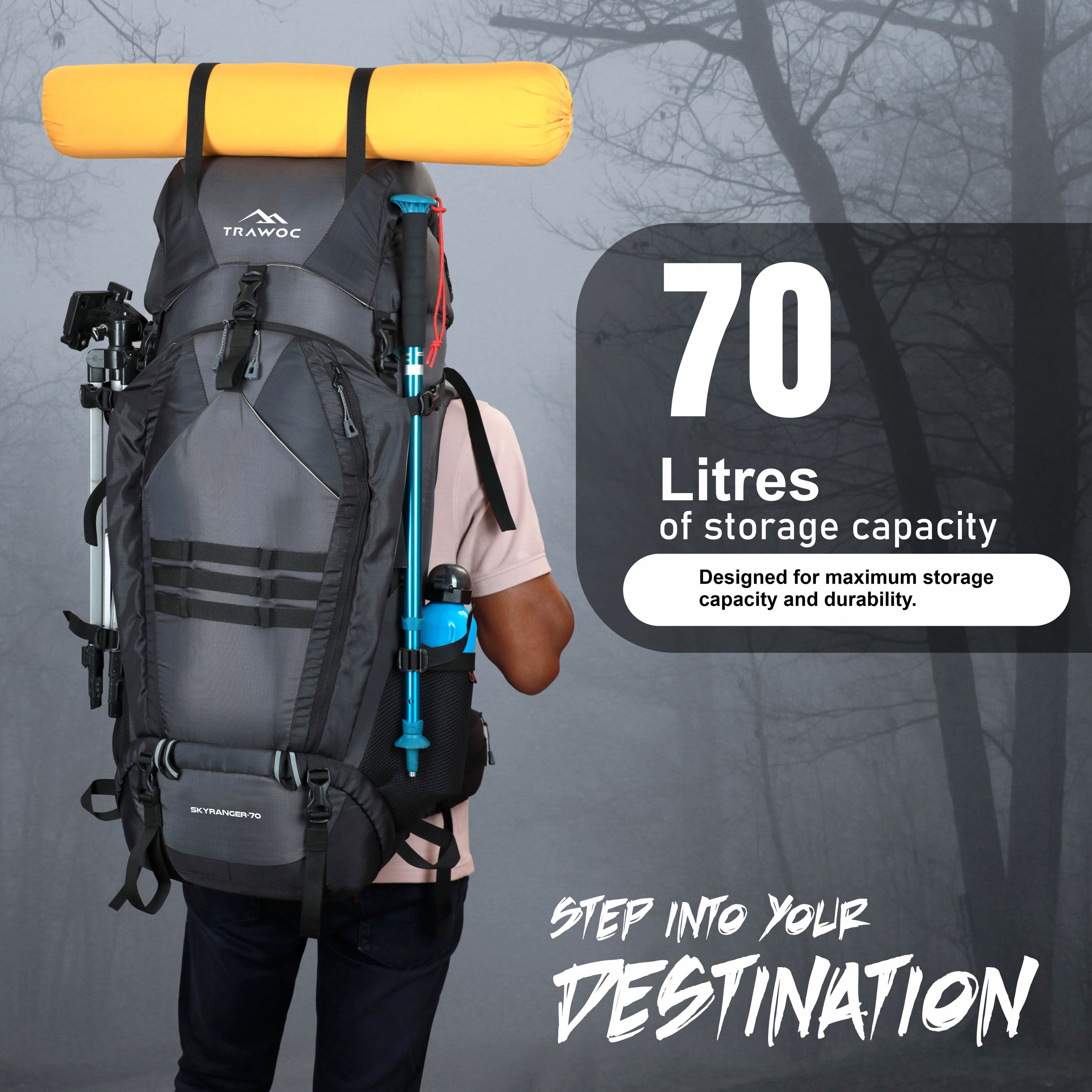 Trawoc Camping Backpack 70Ltr With Shoe Compartment Rain Cover Front Top Loading Internal Frame Travel Bag For Trekking Hiking TRAWOC