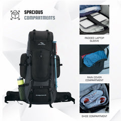 EXPEDITION 80L Rucksack with shoe compartment & Rain Cover - Black (Clearance Sale) - TRAWOC