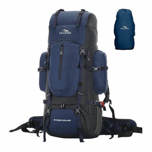 EXPEDITION 80L Rucksack with shoe compartment & Rain Cover - Navyblue - TRAWOC