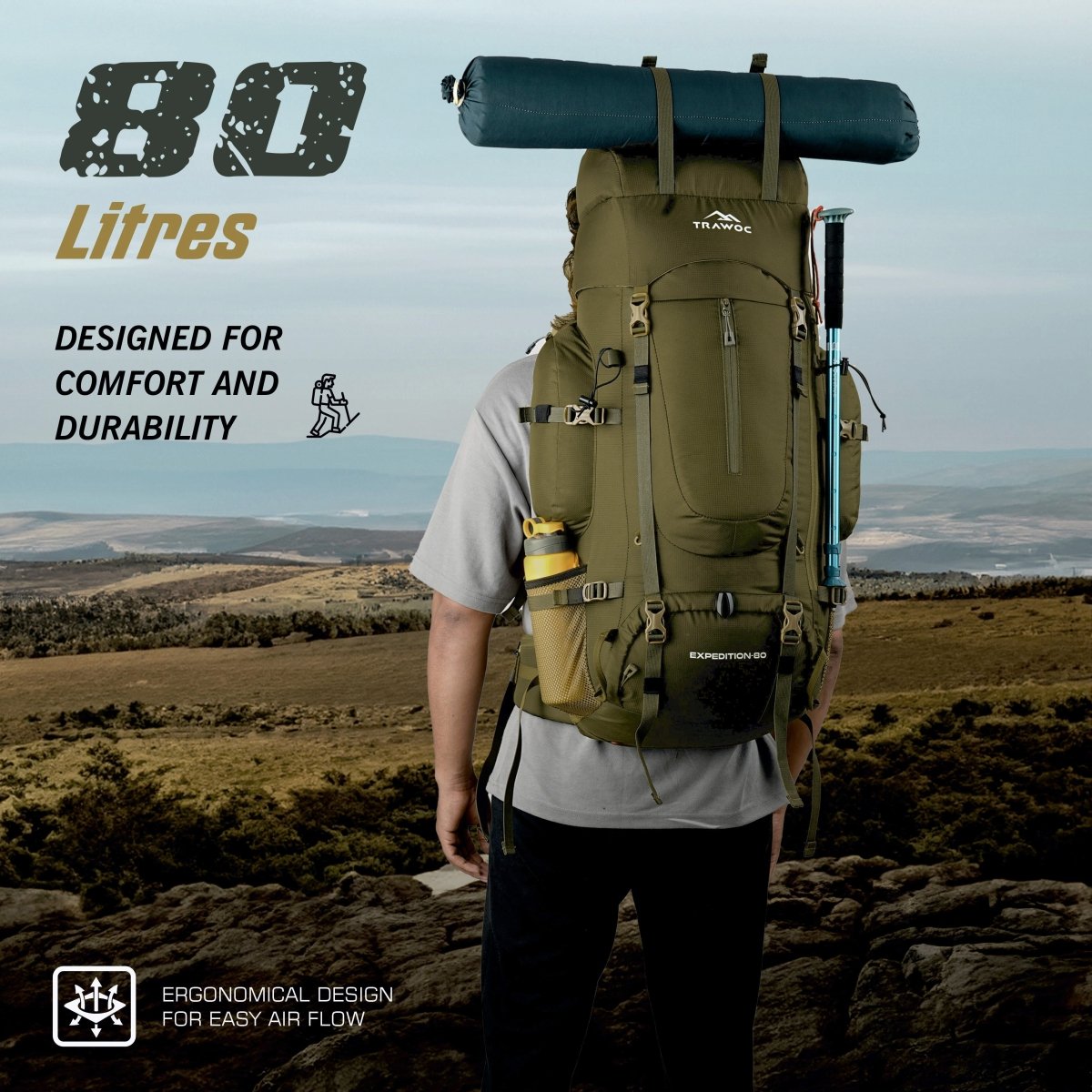 EXPEDITION 80L Rucksack with shoe compartment & Rain Cover - Olivegreen (Clearance Sale) - TRAWOC