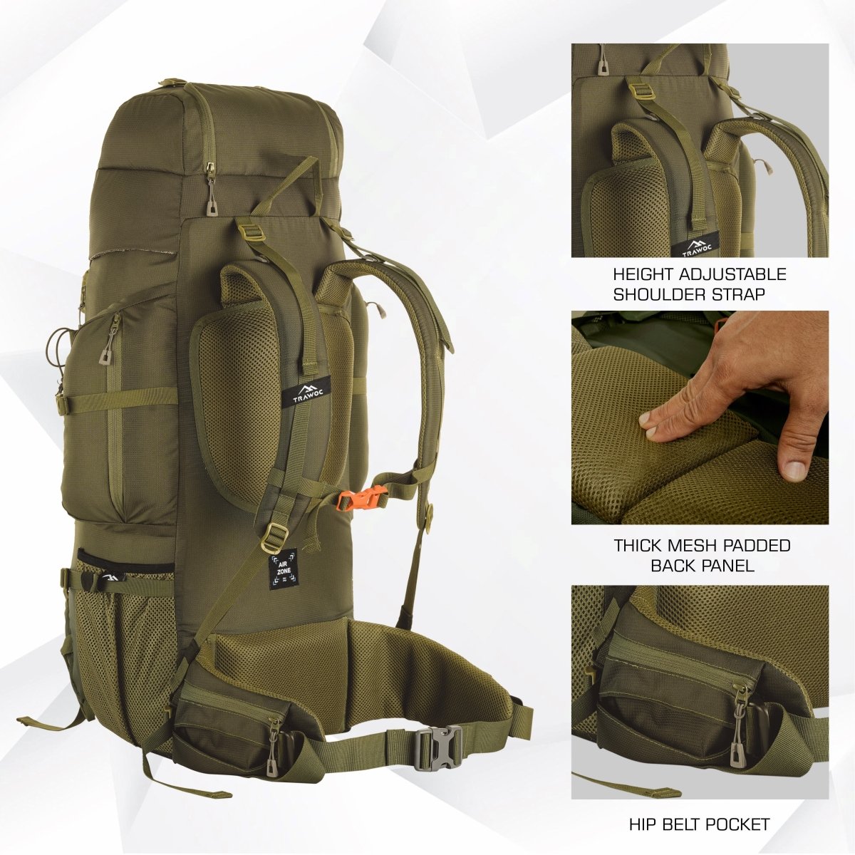 EXPEDITION 80L Rucksack with shoe compartment & Rain Cover - Olivegreen (Clearance Sale) - TRAWOC