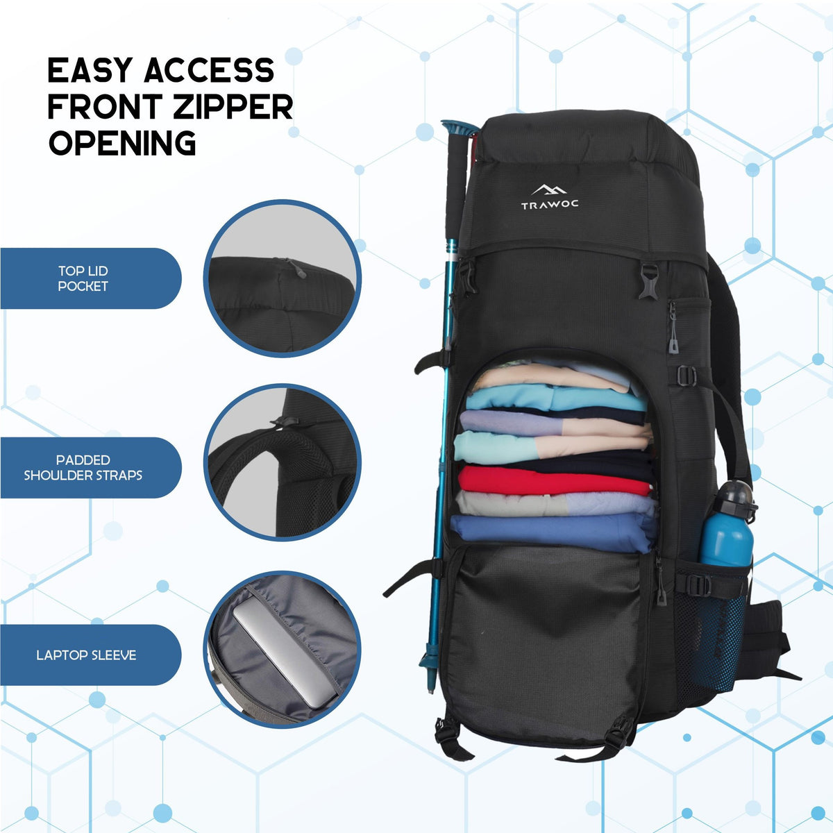 ALPINE 55L Travel Backpack Front & Top Loading Bag for Men & Women - Black