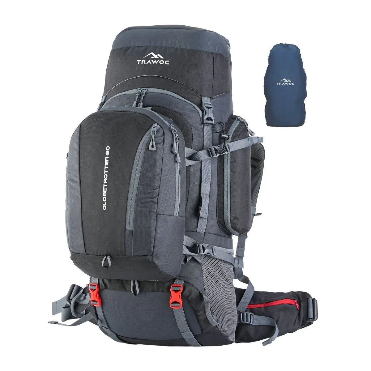Globetrotter 80 L Trekking Bag with Rain Cover, Shoe section & internal metal frame - Grey - TRAWOC