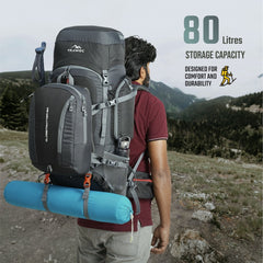 Globetrotter 80 L Trekking Bag with Rain Cover, Shoe section & internal metal frame - Grey (Clearance Sale) - TRAWOC