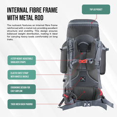 Globetrotter 80 L Trekking Bag with Rain Cover, Shoe section & internal metal frame - Grey (Clearance Sale) - TRAWOC