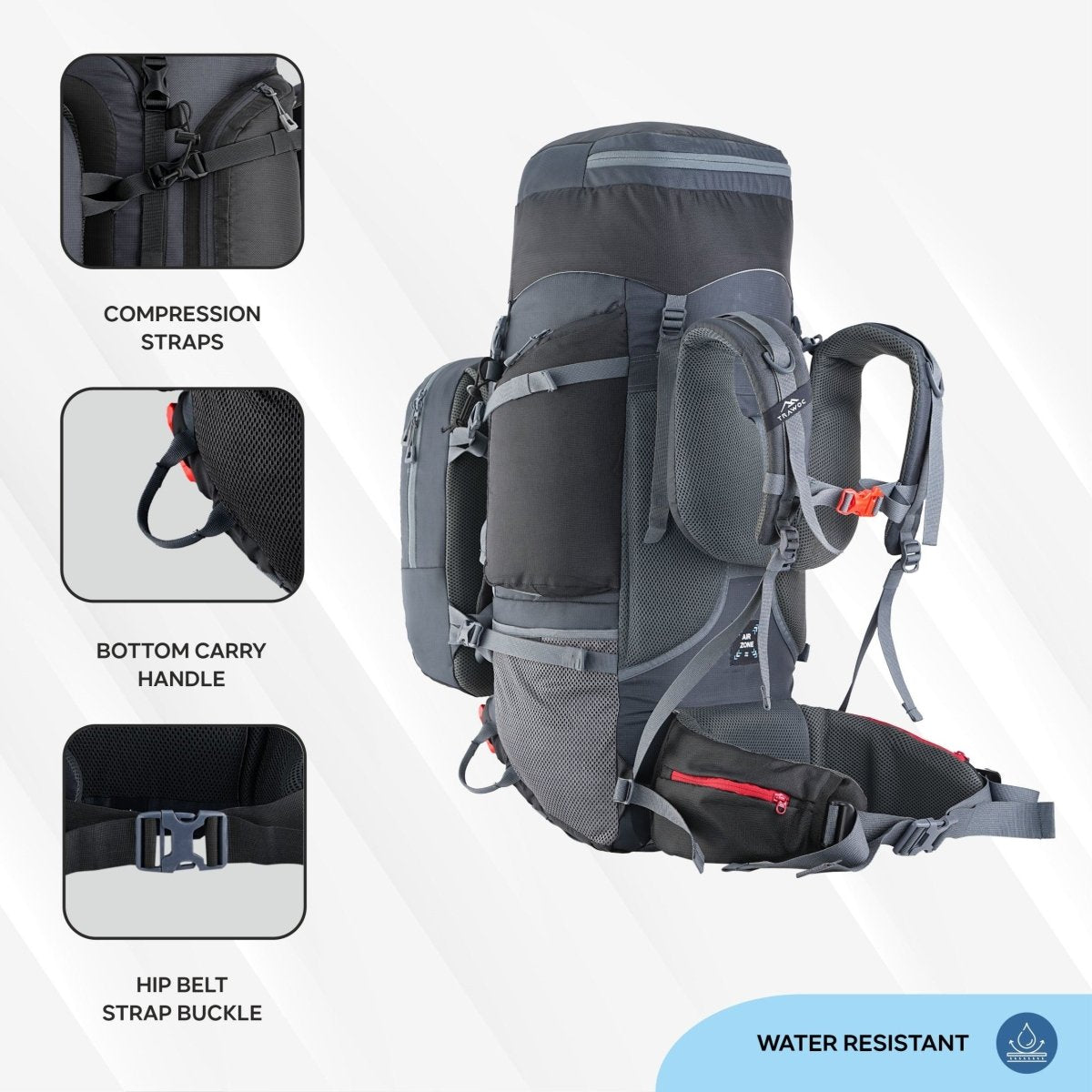 Globetrotter 80 L Trekking Bag with Rain Cover, Shoe section & internal metal frame - Grey (Clearance Sale) - TRAWOC