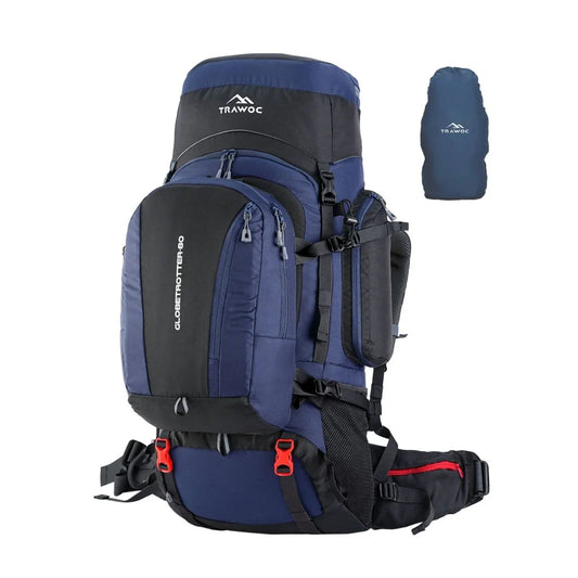 Globetrotter 80 L Trekking Bag with Rain Cover, Shoe section & internal metal frame - Navyblue - TRAWOC