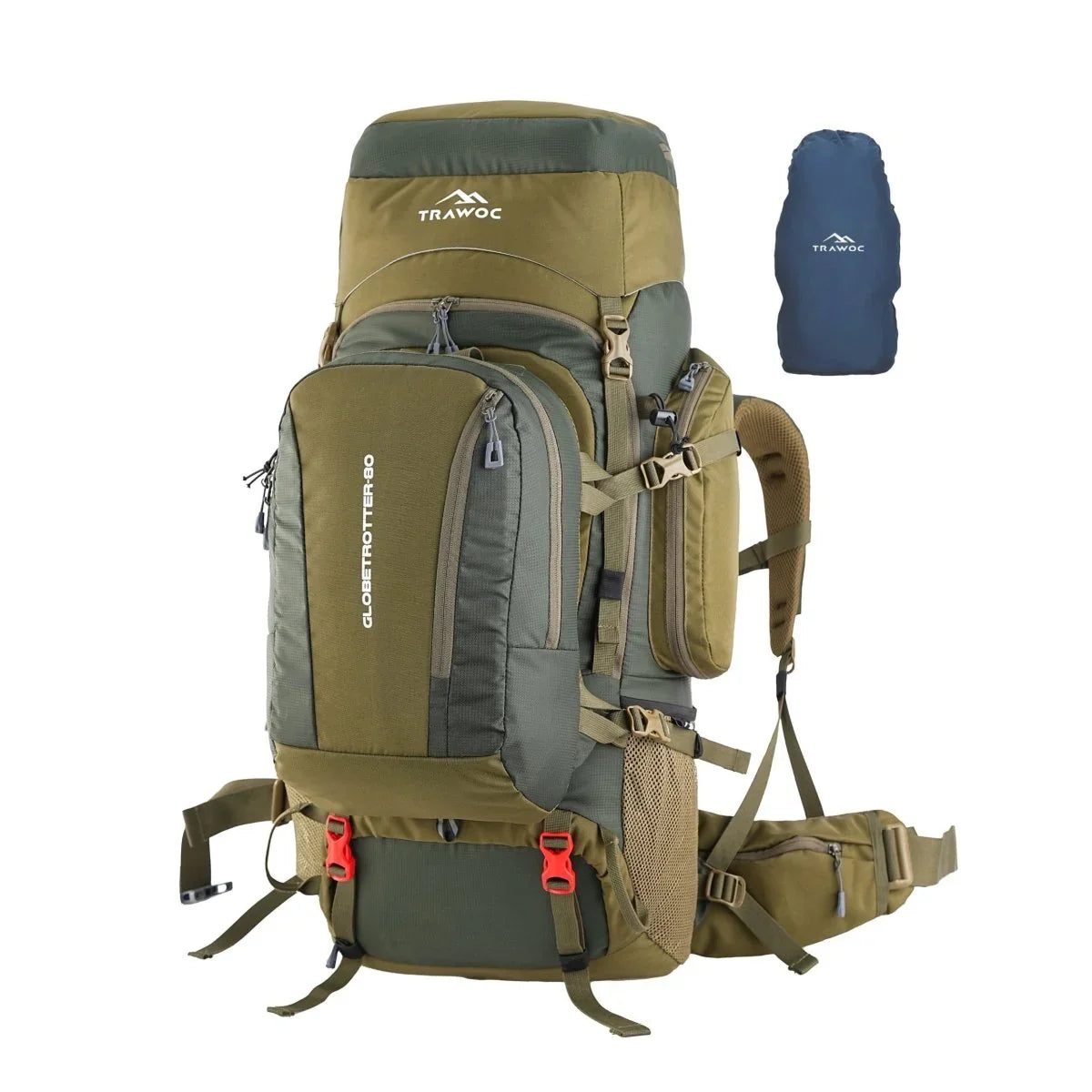 Globetrotter 80 L Trekking Bag with Rain Cover, Shoe section & internal metal frame - Olivegreen - TRAWOC