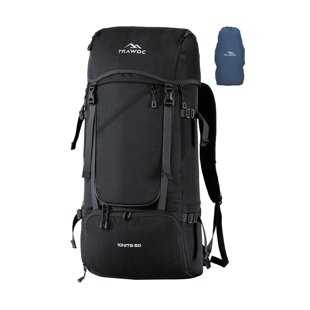 IGNITE 50 L travel Bag Front & Top Open Backpack with Rain Cover and Shoe Compartments - Black - TRAWOC