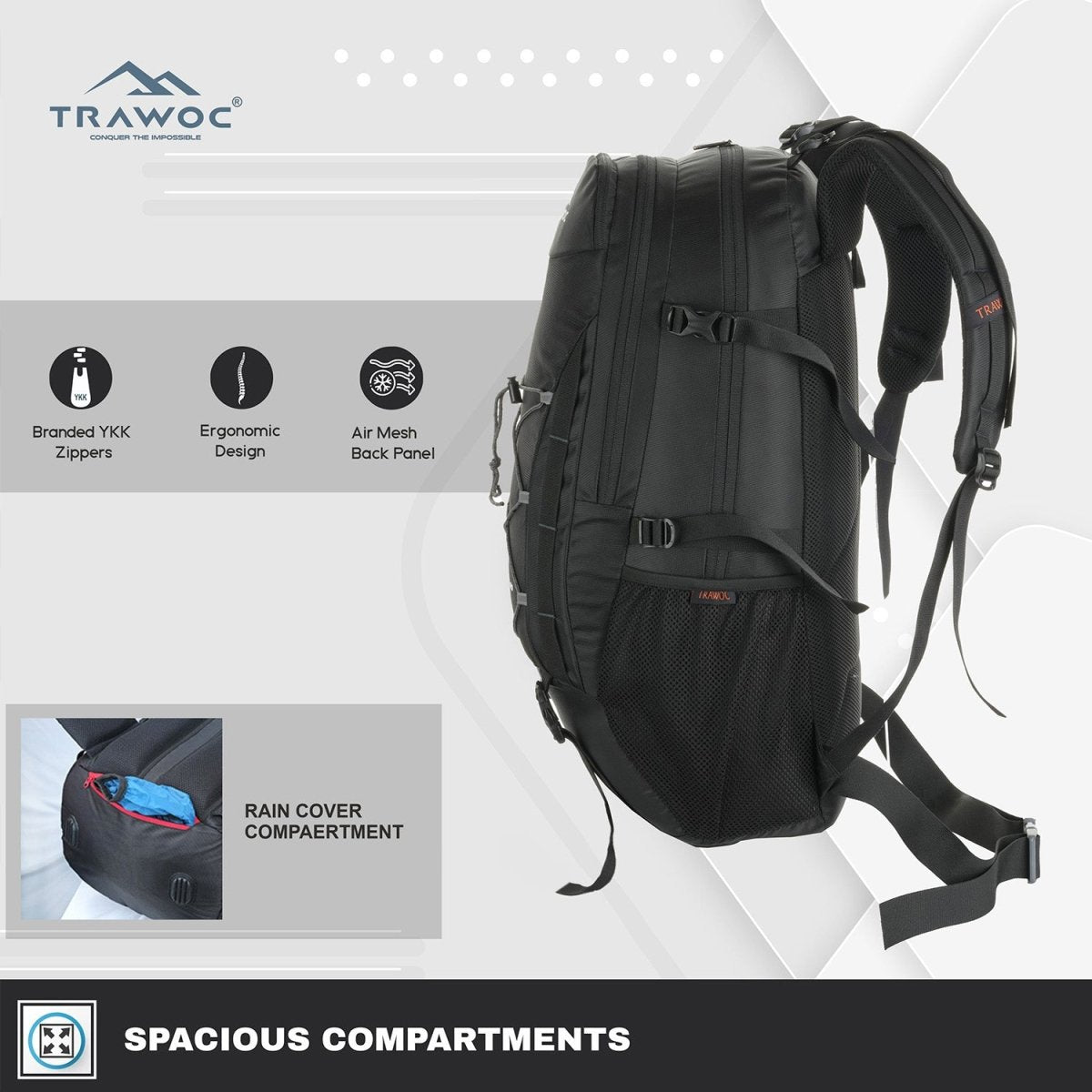 INFERNO 40 L Laptop Backpack for Men and Women Casual Bag for Regular Travelling - Black - TRAWOC