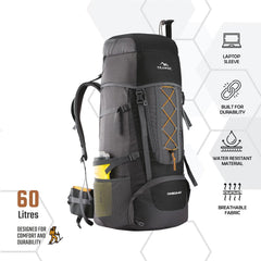 Omega 60 L Backpack with Lightweight Build & with Ergonomic Shoulder Straps - Black(clearance sale) - TRAWOC