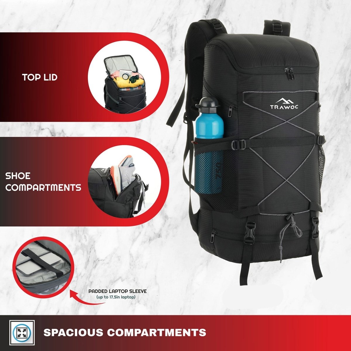 STEALTH 40L Backpack for Men and Women,with Rain Cover & Shoe Compartment - Black - TRAWOC