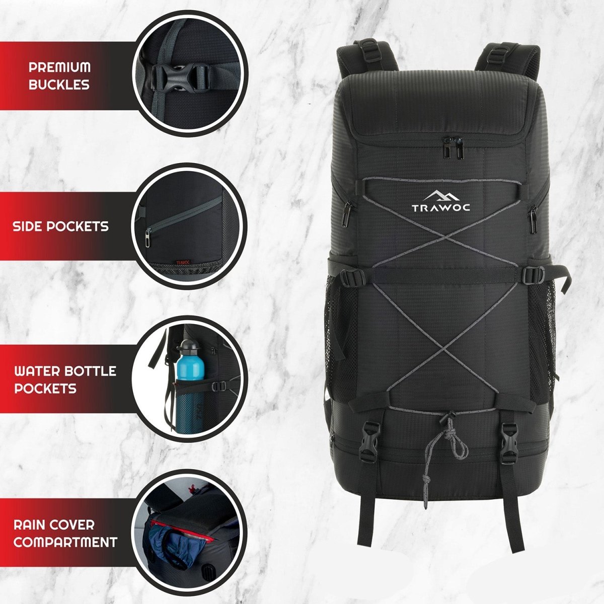 STEALTH 40L Backpack for Men and Women,with Rain Cover & Shoe Compartment - Black - TRAWOC