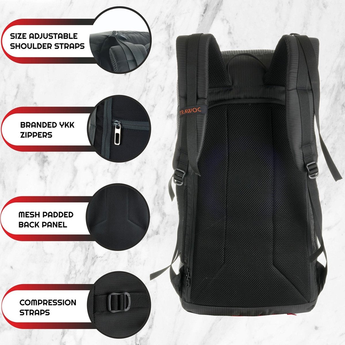 STEALTH 40L Backpack for Men and Women,with Rain Cover & Shoe Compartment - Black - TRAWOC