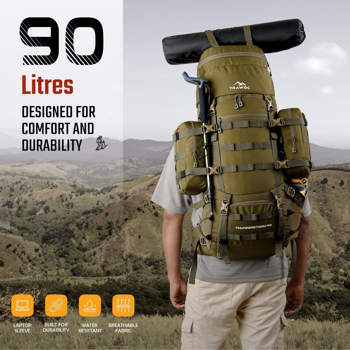 Thunderstorm 90L Rucksack for Men & Women with Shoe Compartment & Water - Resistant Fabric - Grey (Clearance Sale) - TRAWOC