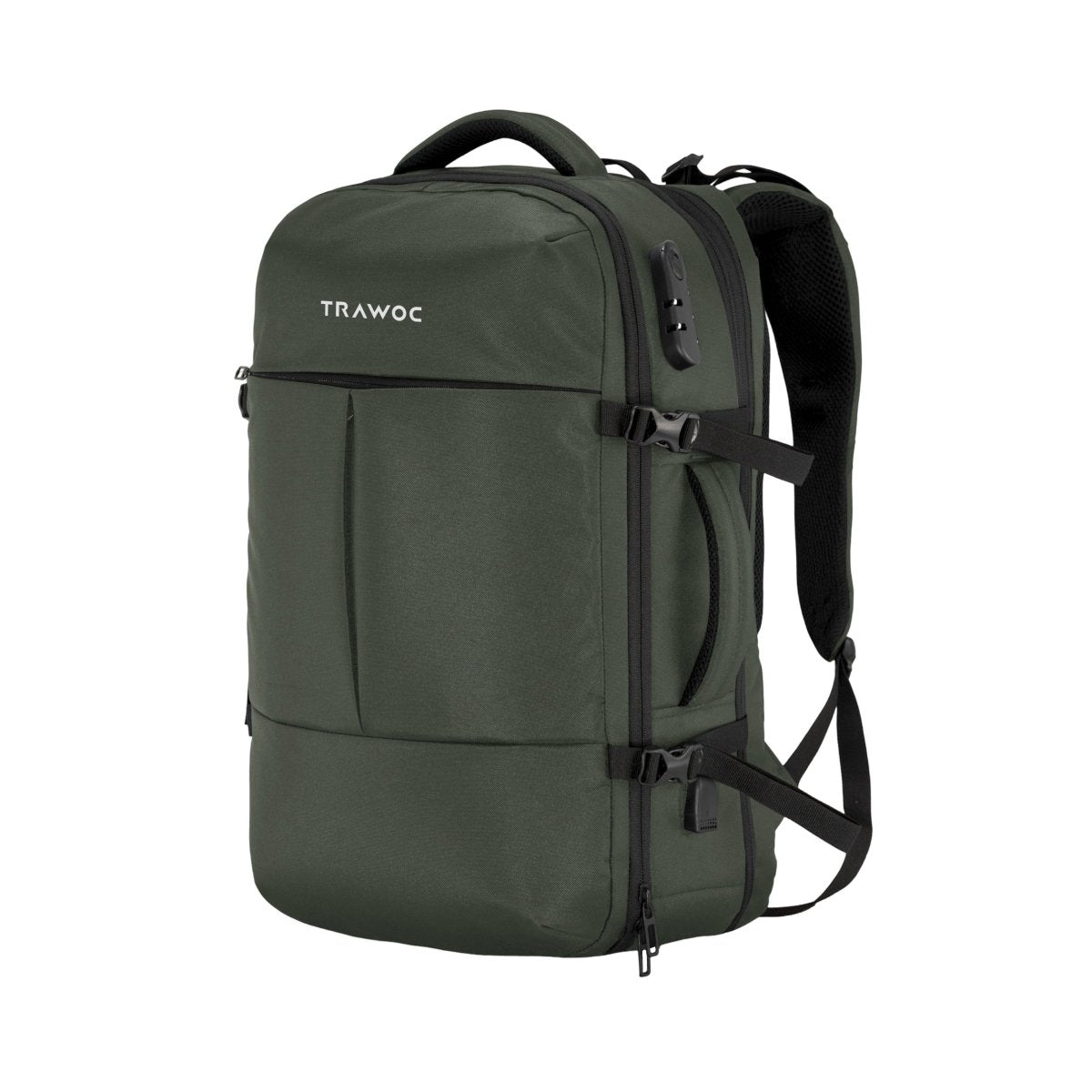 TPB01 - 45L Laptop Bag with Anti - Theft Lock, Expandable Storage, USB Charging, Suitcase - Style Opening - Uniform green - TRAWOC