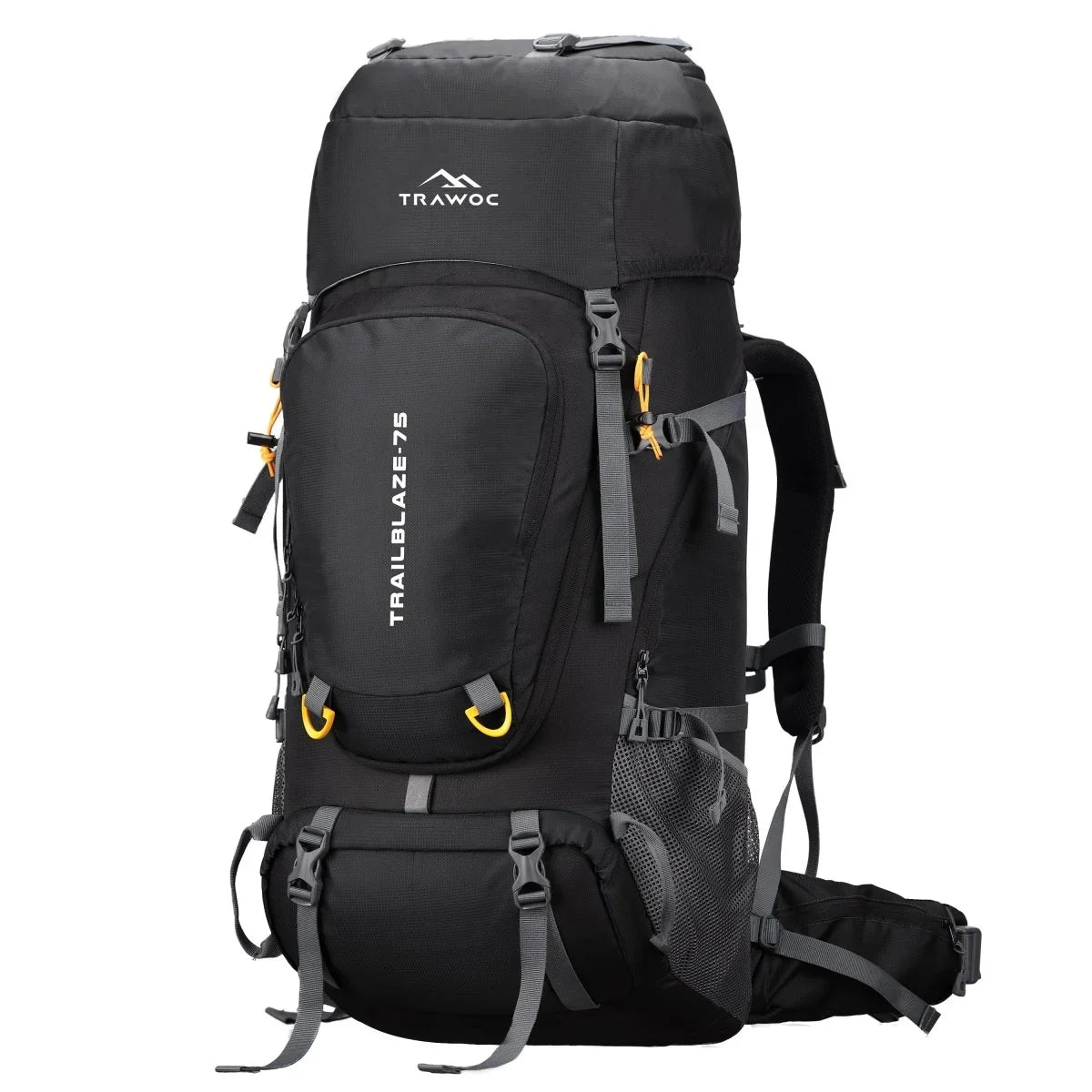 Trailblaze 75 L Trekking Bag with Rain Cover & Durable Zippers - Black - TRAWOC