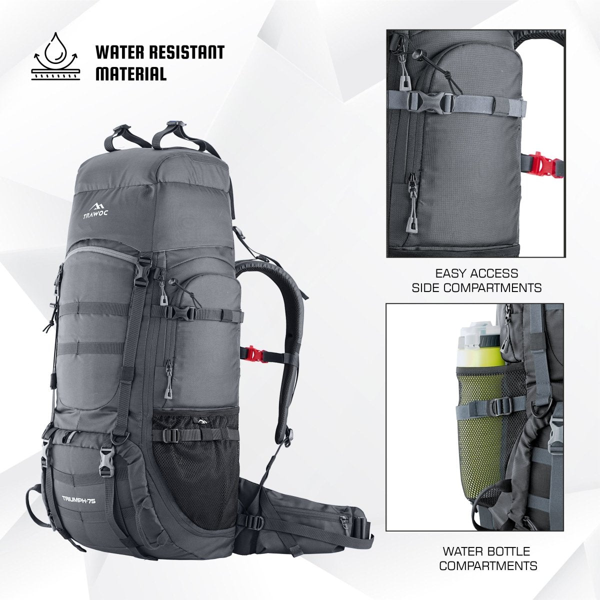 Triumph X 75 L Travel Backpack for Men & Women with Spacious Main Section & Shoe Compartment - Grey (Clearance Sale) - TRAWOC