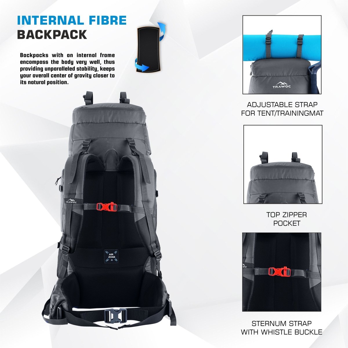 Triumph X 75 L Travel Backpack for Men & Women with Spacious Main Section & Shoe Compartment - Grey (Clearance Sale) - TRAWOC