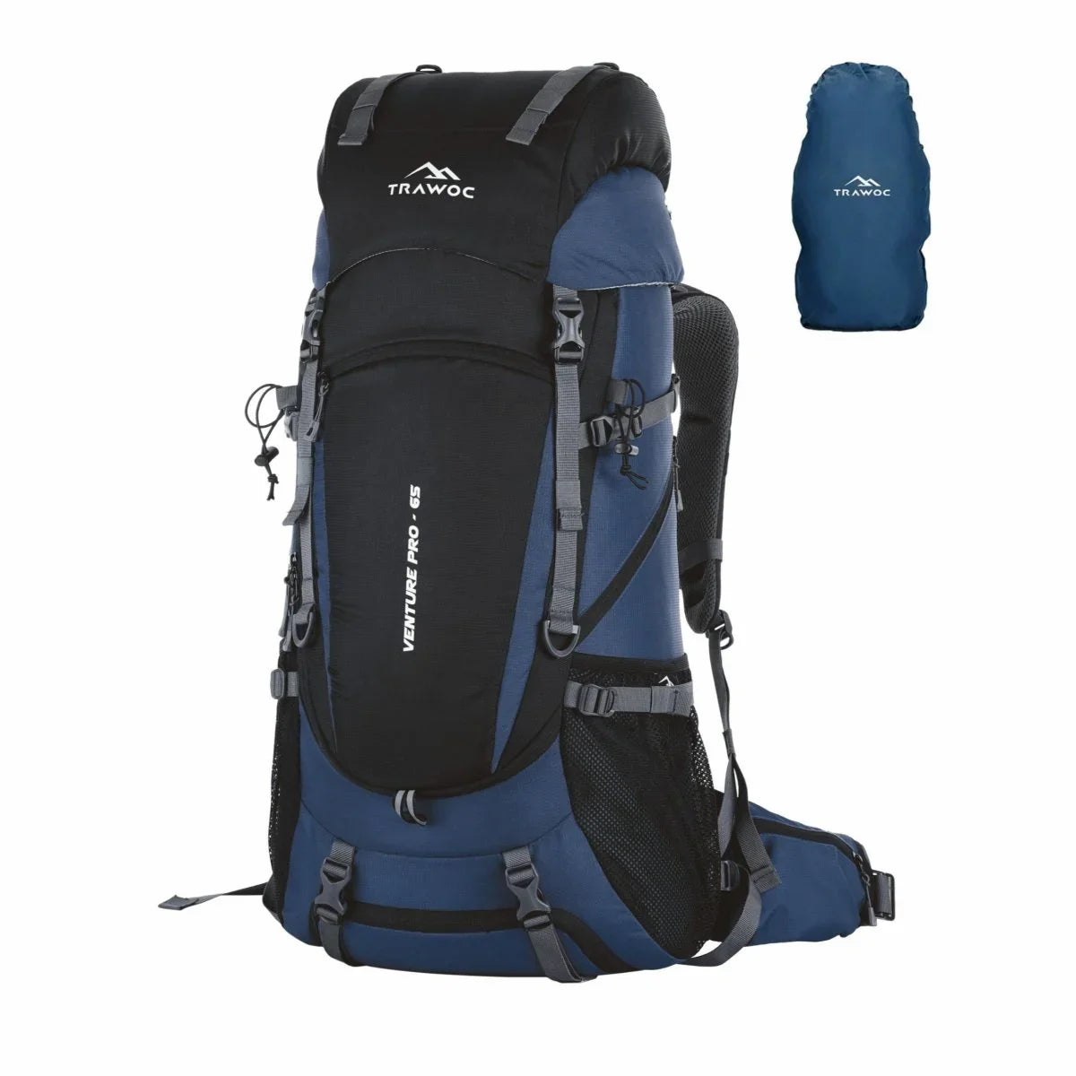 Venture Pro 65 L Travel Backpack with Rain Cover & with Laptop Compartment - Navy blue - TRAWOC