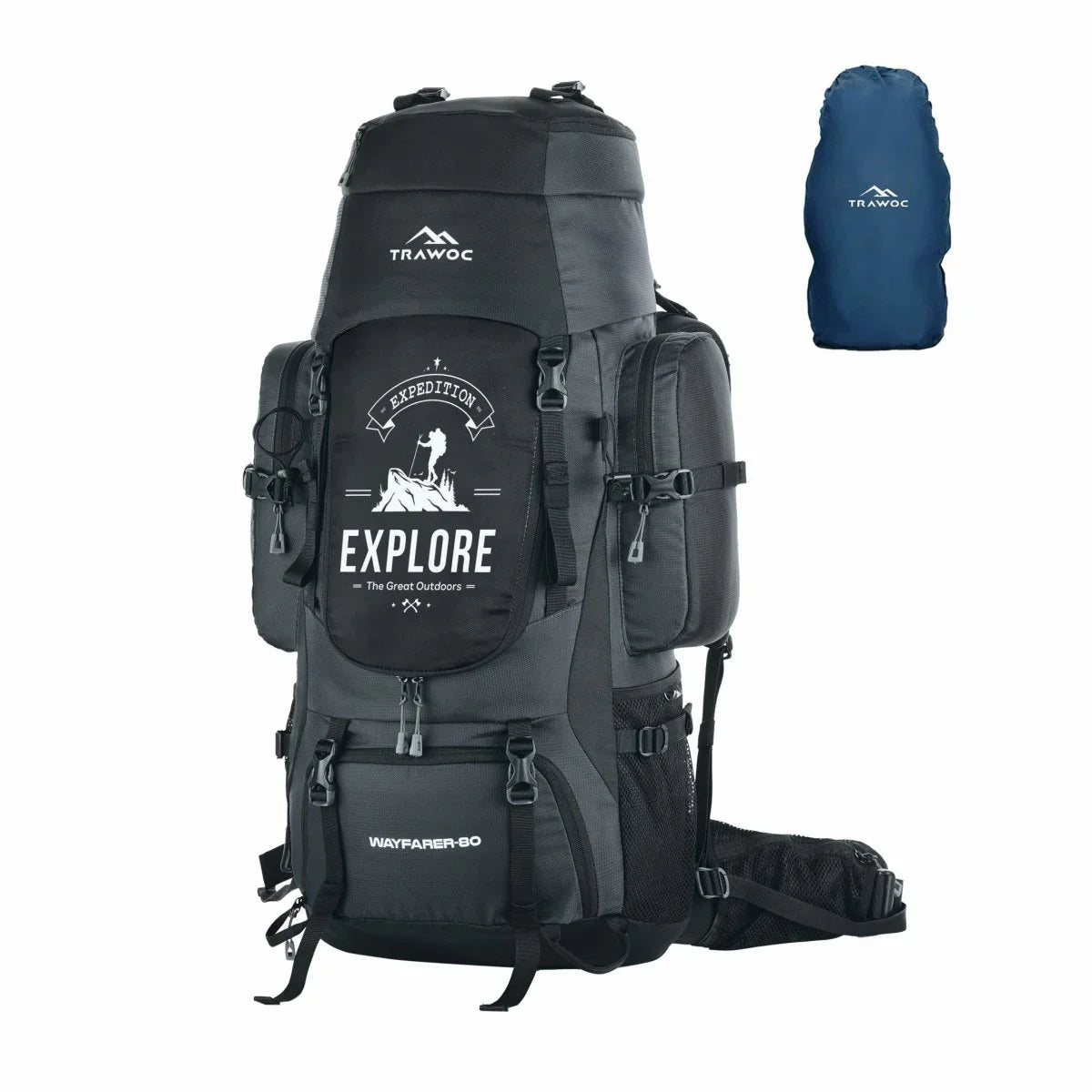 Wayfarer 80L Travel Backpack with Water - Resistant Fabric & Laptop Compartment – Grey - TRAWOC