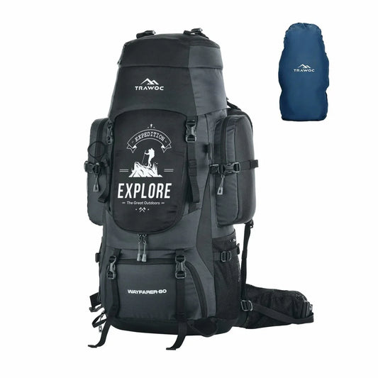 Wayfarer 80L Travel Backpack with Water - Resistant Fabric & Laptop Compartment – Grey - TRAWOC