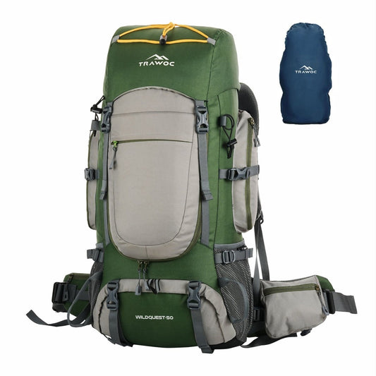 WILDQUEST 50L Travel Backpack with Laptop Compartment, Rain Cover, Shoe Compartment - green - TRAWOC