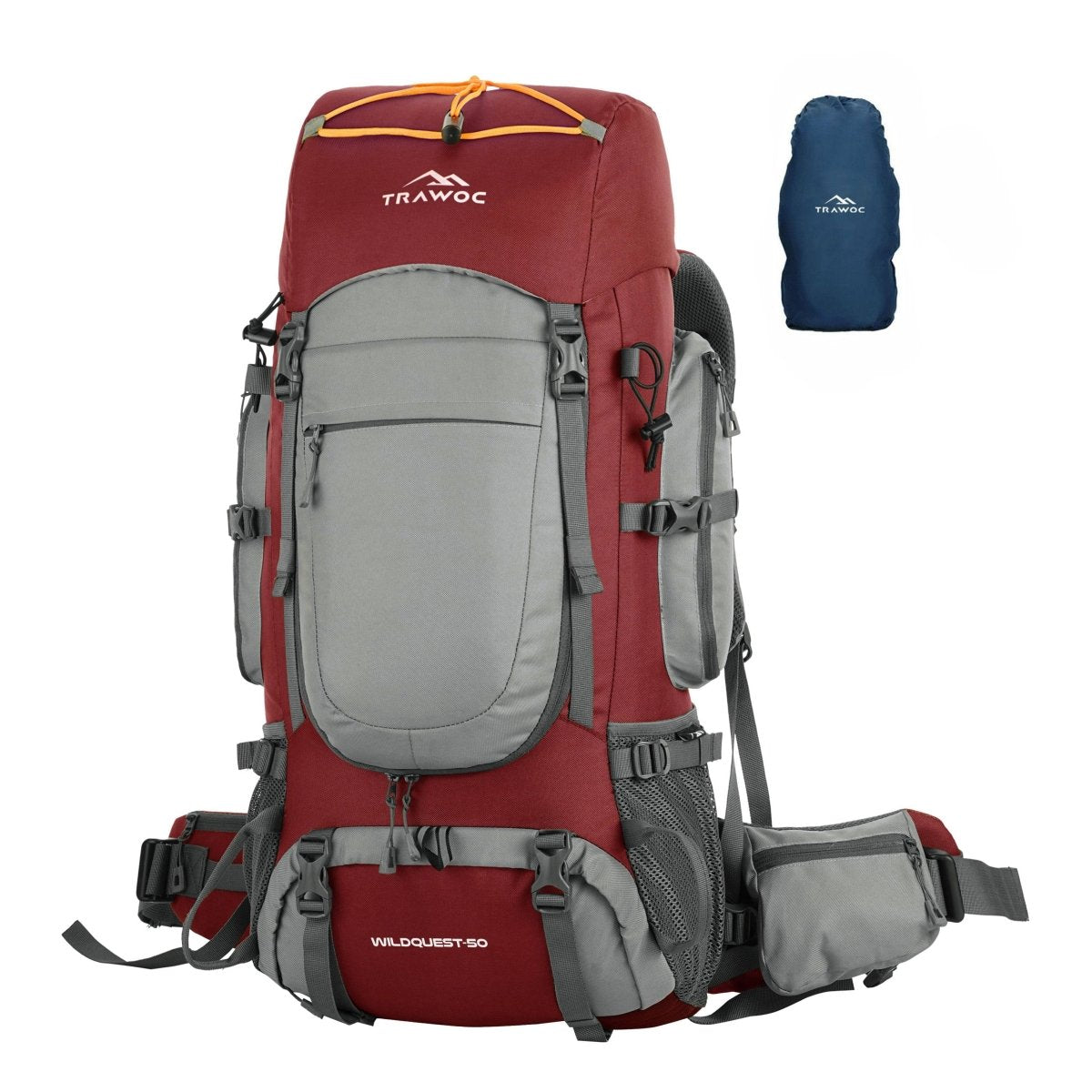 WILDQUEST 50L Travel Backpack with Laptop Compartment, Rain Cover, Shoe Compartment - Red - TRAWOC