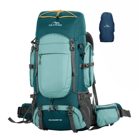 WILDQUEST 50L Travel Backpack with Laptop Compartment, Rain Cover, Shoe Compartment - Shamrock(clearance sale) - TRAWOC