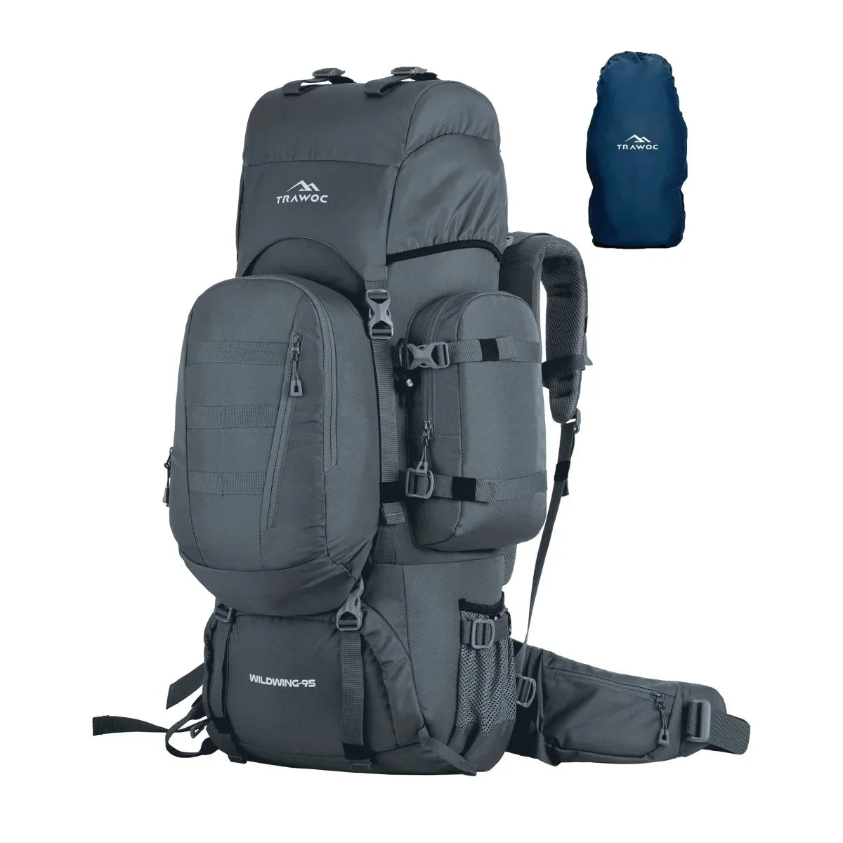 Wildwing 95L (80+15) Bag for Hiking & Travel with Shoe Compartment & Water - Resistant - grey - TRAWOC