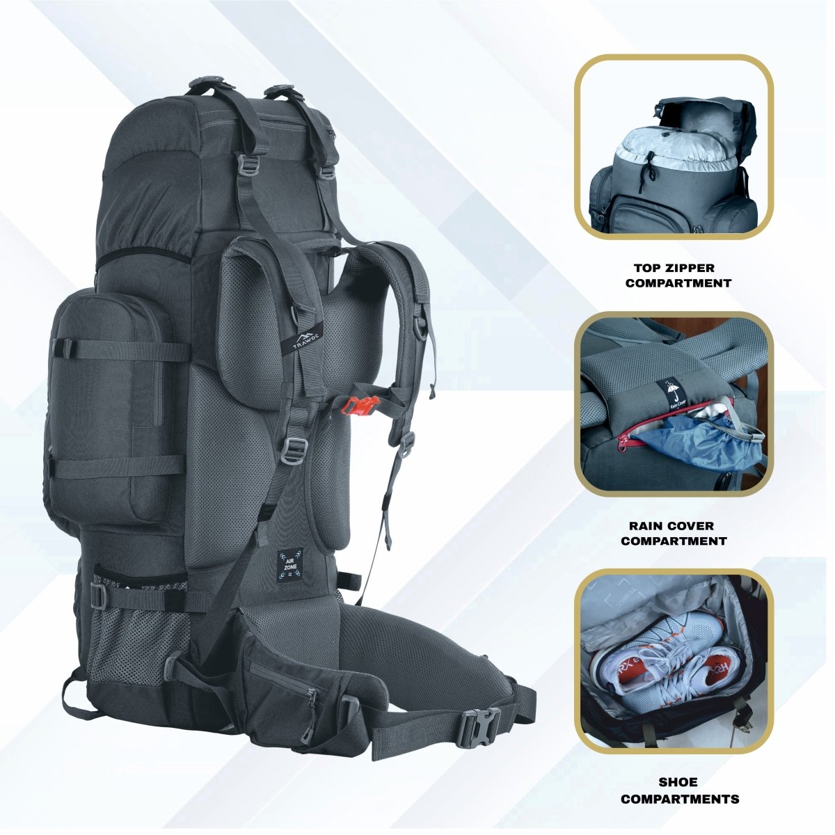 Wildwing 95L (80+15) Bag for Hiking & Travel with Shoe Compartment & Water - Resistant - grey (Clearance Sale) - TRAWOC