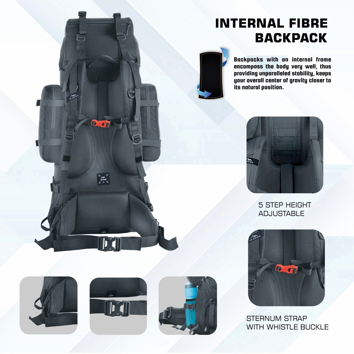 Wildwing 95L (80+15) Bag for Hiking & Travel with Shoe Compartment & Water - Resistant - grey (Clearance Sale) - TRAWOC